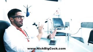 Porn movie scene in the office of a fake gynecologist who enjoys screwing a woman with a large booty