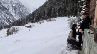 Pair HIDE TO SCREW whilst hiking IN THE SNOW,mountain forest and birdsong, romantic private love