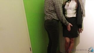 woman in business look has quick screw in advance of work-business-wench