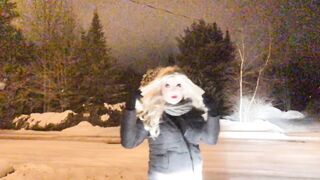 Amateur Female Masker Wearing Short Ebony Suit Outside in Winter