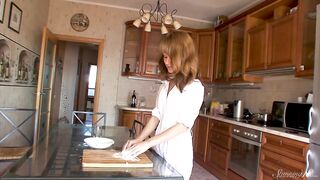 Slender Cooking Gal Darien Pours Batter On Herself In The Kitchen!