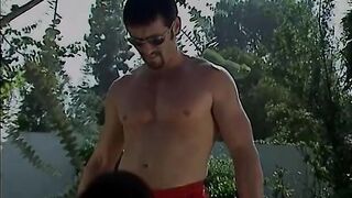 Man screws curly vagina and booty of brunette hair with biggest boobs then cums on her