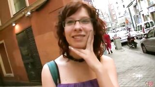 Nerdy lady with red, shaggy hair is avid to have casual sex with a total stranger
