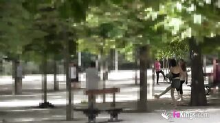 Small honey seduces a random ebony guy in the park and fucks him at home