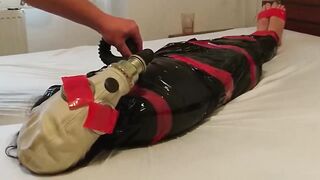 S&M Serf Gal, plastic mummification with gasmask Breathplay