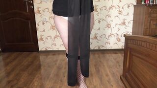 Older big beautiful woman takes off her fishnet knee socks and tries on fresh nylons Foot fetish with thick legs