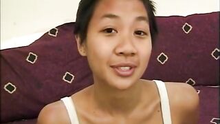 Oriental teen with short hair is about to make her 1st porn scene for cash