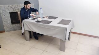 Waitress with creamy cunt gets an inner spunk flow beneath the restaurant table