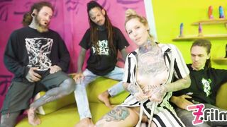 Tattoo maid gets ANAL screwed by three boyz, large ramrods, Booty to throat, coarse bang