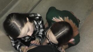 Amateur 3Some Oral Job in the Entrance - Public Double Oral-Sex POV
