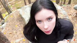 Brunette Hair Public Deepthroats Cock And Coarse Bangs In The Wood