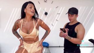 Mariana Martix is obsessed with the biggest ramrod that can be seen in her neighbour Logan Salamanca's panties at the gym Footjob