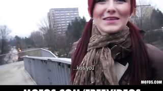 Czech redhead is paid money to flash and suck schlong in public