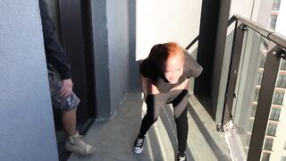 Coarse sex three cumsots on the balcony morning neighbors shocked.