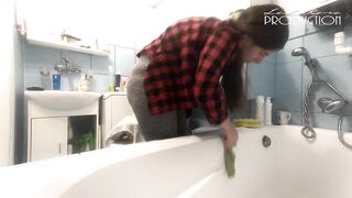 Large Melons Lena downblouse whilst cleaning bathtube