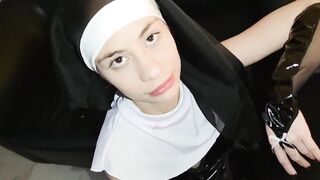 Nun masturbates me with her feet and then swallows my penis with her nice-looking white butt