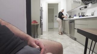 Risky jerk off during the time that watching large butt stepmom in the kitchen.