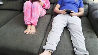 Stepsister sucks stepbrother and eats his semen during the time that this chab plays movie games