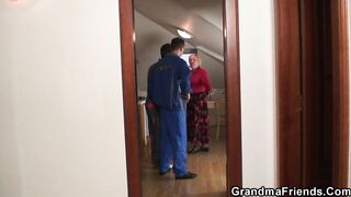 GRANDMA ALLIES - 2 repairmen bang breasty grandma from one as well as the other ends