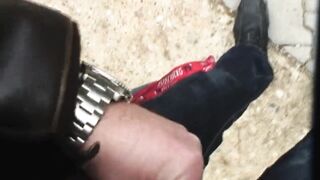 Exhibitionist blond makes sexy cum splash by sucking a