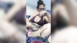 Whore Gets Super Moist Touching her Hirsute Twat at the Public Beach