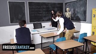 Curvy Teacher gets screwed by three Students in Classroom