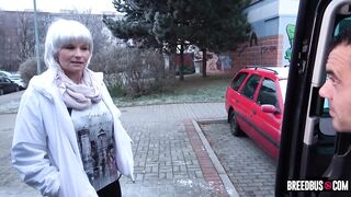 Excited older lady picked up