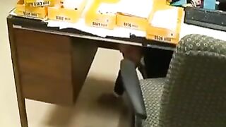 tall older lady in office with her foot serf