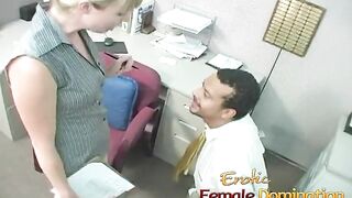 Bossy golden-haired office wench dominates and humiliates workers