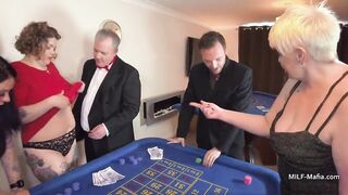 3 British MILFs slide out of evening dresses at the casino