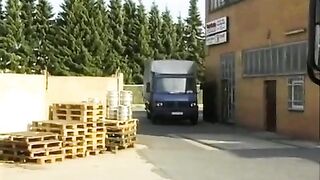 German golden-haired in pink suit was picked up from the street and doublefucked in the truck