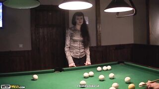 Slim little whore gets tag teamed on the pool table