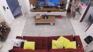 Sexy wife receiving the delivery guy and letting him apply moisturizer on her teaser - With English subtitles