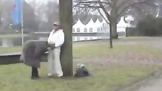 Breasty blond granny screwing in public