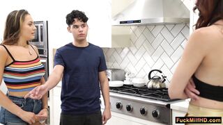 Wicked boyfriend started sucking my titties whilst I was washing dishes, when his stepmom caught us, but the wench just wishes some pleasure, in the end we ended up having trio sex in the living room