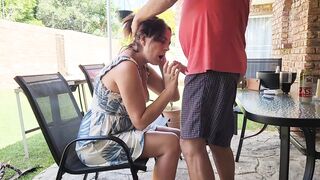 Sexy brunette hair sucking neighbors huge knob outdoor