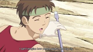 Breasty anime maid pleasures her virgin slaver with titty massage