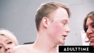 ADULT TIME - Clueless Teen Bare And Banged Group Of Nasty MILFs At Laundromat!