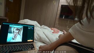 Stepmom caught stepson jerking off to her exposed pic from Strip.app and shares couch in hotel room