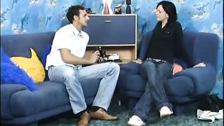 German teen in socks and her excited lover are having wild anal sex, on the blue sofa