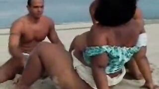Real large mommy screw two boys on beach