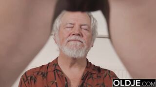 Teen Interrupts Granddad from Yoga And Sucks his Shlong juicy and hard