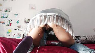 Hot Latin babe tries on pants, shaggy snatch, large booty, large breasts, large nipps. Hot brunette hair in dressing room, unshaved vagina, large butt,