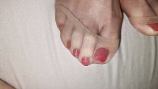 Cum on flawless wife's brown nylon feet - red polish pedicure
