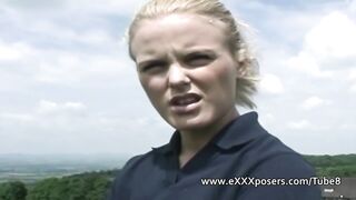 British blond outdoors flashes pants