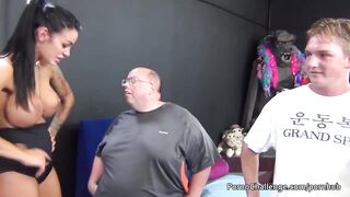 Giant corpulent guy gets favourable with three hawt porno sweethearts