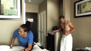 ROOM SERVICE! Large butt Latin babe gets drilled doggy style by guest and squirts on his chest.