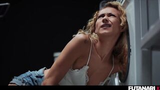 STUCK in the Washing Machine! Trans T-girl Grows Futanari Ramrod And Screws Female Wench with Anal Creampie
