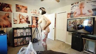 Large jiggly fake boobs crossdresser trying on a shipment of womens raiment uncut wang stroke