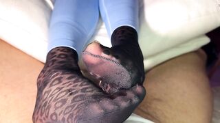 Nylon footjob in leopard nylon socks